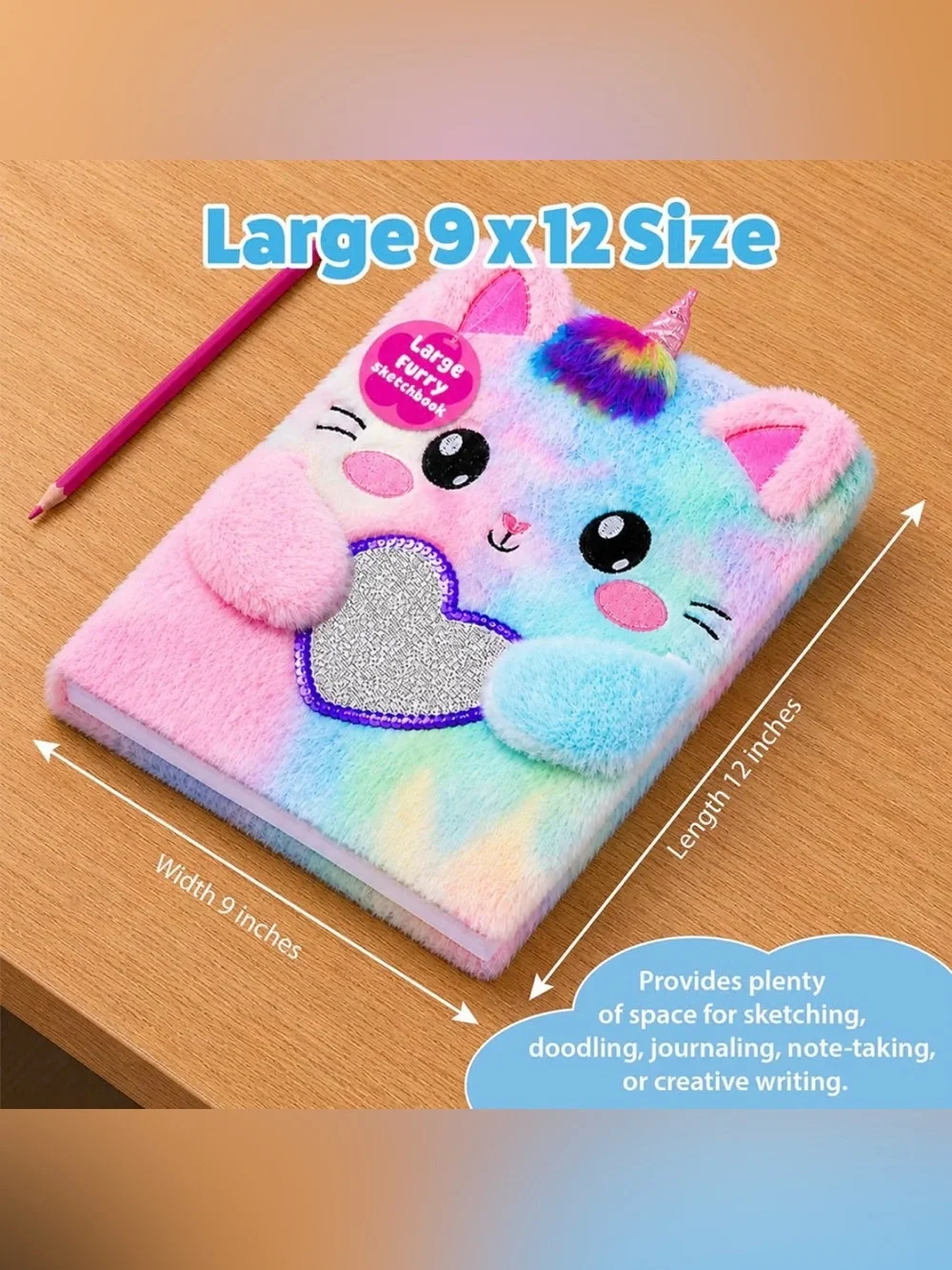 Fuzzy Unicorn Cat Sketchbook with Sequin Heart large, new